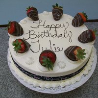 Berry Happy Birthday White cake with WCBC, chocolate covered strawberries. Boy do I need to practice my writing on cakes, lol!!!!