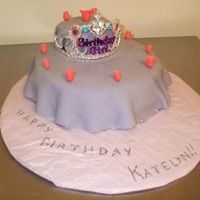 Cake.jpg 2 tier; 4" and 9" with strawberry filling and topped w/fondant flowers.