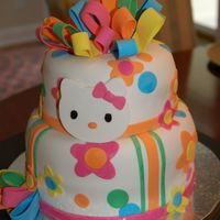 Hello Kitty Baby Shower Cake A two-tiered cake w/ Hello Kitty theme. Covered in fondant w/ fondant accents.