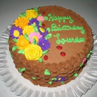 Lourdes's Basketweave Birthday White cake with raspberry filling, chocolate bc/ royal flowers and ladybugs.