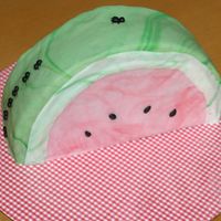 Watermelon And Ants rolled fondant with hand molded ants and seedsplaced on a scrapbooking paper to resemble a tablecothcinnamon cake