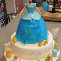 Cinderella Cinderella cake for a 4 year olds birthday party.. Vanilla cake with pink buttercreme icing. All fondant accents and mice:) TFL
