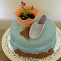 Gardener's Birthday Cake Fondant trowel and flower pot. Soil in pot make from the dome of the cake. Taken from 'Celebration Cakes' by Joanna Farrow