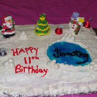 Christmas And Birthday Together This is a cake I made for my son's birthday and also for christmas. it is french vanilla with bc icing the figures are marshmallows...