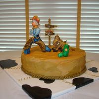 Stubborn Jake Figures are shaped out of rice crispy treats then covered in fondant. Accents are fondant. Cake is BC