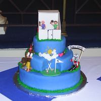 Going Away Cake Did this cake for a Colonel that was going away. She was really into sports so I put something for each of her favorite sports on there.