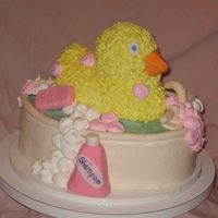 Duck In Bath Tub babyshower cake, buttercream icing, foundant shampoo, soap, ect.