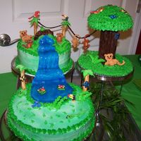 Baby Rain Forest 3 tier cake, 1 layer white, chocolate & strawberry. buttercream icing with royal icing characters. everything is edible. made for...