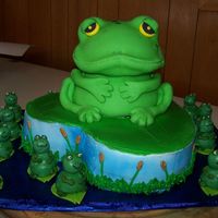 Frogs large frog's body is the doll mold pan, the head is the ball pan. cake is covered in fondant. the little frogs are cake balls dipped...