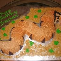 Brennan's Snake Chocolate fudge cake with milk chocolate SMBC filling, vanilla SMBC icing. Carved from 2 8-inch rounds. I used # 67 leaf tip for the scales...