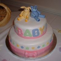 Baby Shower-Teddy Bear Baby shower cake covered in fondant with fondant teddy bear and bunny.