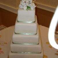 Stefanie's Wedding Fondant covered - bottom tier is 14" (280 guests). 5 rows of RI dots and real ribbon at base of each tier. Learned lesson that a...