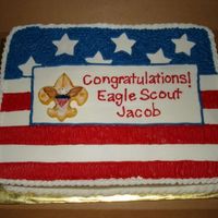 Eagle Scout Cake Double layer of chocolate and butter cake with bavarian creme filling. All buttercream except for boy scout emblem which fondant made from...