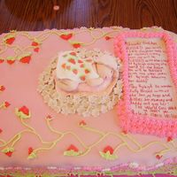 Top View Strawberry Shortcake theme for baby shower... neopolitan cake. Fondant baby, fondant top, fondant and royal icing flowers, buttercream...