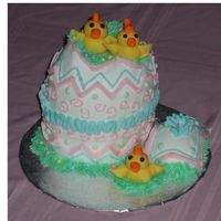 Hatching Chicks 3-D egg cake sitting upright with fondant molded chicks. (WASC with Sharon's buttercream)