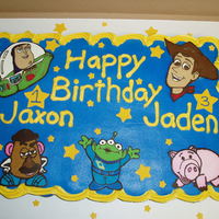 Toy Story 3 Cake cupcake cake made with buttercream and chocolate transfers.