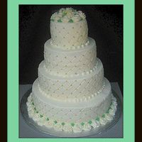 Green And Gold 4 tier round cake, 6,9,12,and 15 inch layers. All buttercream, used diamond impression mat with luster dusted pearls. Thanks for looking.