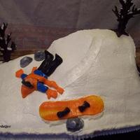 Snowboarder Down! Made this cake for my nephew's birthday with my husband's help. Trees are made from chocolate piped onto skewers. The rocks,...