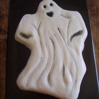 Ghost Made a white cake covered it in white buttercream. Indented the buttercream where the eyes, mouth and ripples belonged, then covered it...
