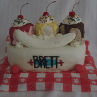Banana Split Birthday cake for step-son, who loves banana splits. "Bowl" is chocolate cake, filled w/bc, covered in MMF, hand-painted name. &...