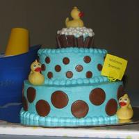 Rubber Ducky Cake I made for a baby shower for my cousin. Chocolate Cake, buttercream icing, fondant for the polka dots and bubbles