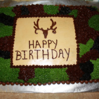 Cammo Cake I made this cake for my sons 15th birthday. Chocolate Cake with Peanut Butter Butter cream frosting and whoopers candy border