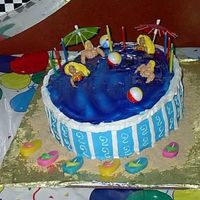 Cake Made For A Pool Party This is just a regular cake, torted for height, filled with fresh pineapple filling and BC icing. The water is blue gel and the sand is...