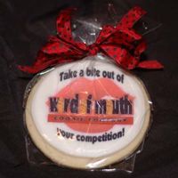 Photo Logo Cookie2 Cut-out sugar cookie, MMF/RBC icing, edible image, cello bag with fabric ribbon. My cookie company business logo