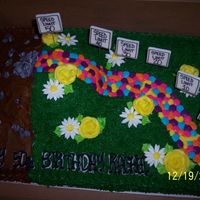 Over The Hill Customer sent a photo of me to re-create for her. 3/4 sheet cake - sundrop cake. Vanilla bc. BC accents; fondant signs; rocks.