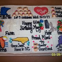 Quilt Of Life For Mary 3/4 sheet milk chocolate cake. Cake was for a friend's mom's 60th bd. Incorporated special dates; births; hobbies; interests, etc...