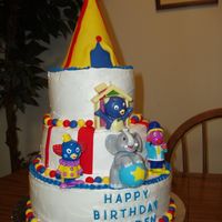 Backyardigans Circus Whipped buttercream covered vanilla-almond flavored cake with fondant accents. Circus tent topper made from covering a party hat with...