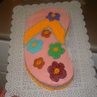 Flip Flop Cake carved out of a sheet cake and decorated with buttercreme