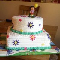 Dora's Happy Birth-Daisy! THIS IS MY FIRST ATTEMPT AT A TIER CAKE. TOP IS WHITE CAKE, BOTTOM IS DEVIL'S FOOD, COVERED IN BUTTER CREAM (COMBED WITH A DECORATING...