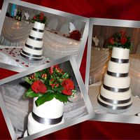 April's Wedding Cake White cake with custard filling. Covered in fondant, dusted with white pearl dust, grey silk ribbon around the bottom. Top with fresh red...