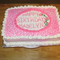 Pink Birthday Cake White cake with BC icing. The middle is very off center and I tried to fill it with a vine and flowers which didn't look good. Gotta...