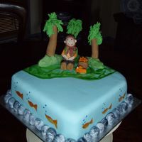 Fishing. 80Th Birthday Cake fruit cake, covered in fondant, painted fish with wilton gel colours, mixed with vodka. Trees, man and fishing basket all made of fondant....