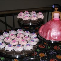 Doll Cake And Cupcakes - Part 1 Doll Cake using WIlton's wonder mold and doll pick. Skirt and bodice covered in fondant with mini drop flowers made from royal icing....