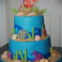 Finding Nemo Total copy of newtocakes cake. Awesome inspiration cake...THANKS! White chocolate coral, seaweeds, and seashells. Buttercream icing with...