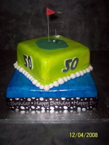 Golfing Birthday 9 inch and 6 inch square mud cakes covered in white fondant then colour paingted on...This was a cake for a friends 50th and I had free...