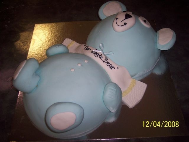 3D Teddy 3d Teddy bear cake for little boys combined 1st birthday/christening. I used the soccerball tin as I only had 1 weeks notice for this cake...