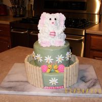 Easter Cake Vanilla cake with raspberry & chocolate filling, iced with buttercream, fondant accents & piroutte cookies. The bunny was made with...