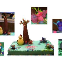 Mrs. Spider Sunny Patch MMF figures with styrofoam centers. "Rocks" made of cake balls. Tree made of styrofoam and floral wire covered ing MMF.