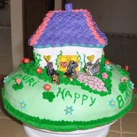 My Daughter's Birthday Cake I tried to copy my daughter's pets with the little fondant doggies and cat in front of the house. I didn't level the cake to look...