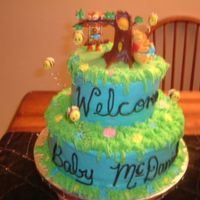 Pooh Bear A friend wanted a Pooh Bear themed shower cake, I found this topper and just went from there. Cake is marble with BC icing and RI flowers,...