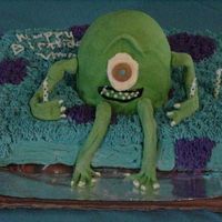 Mike And Sully Of Monster's Inc. The base is a sheet cake frosted in blue and purple with cake tip for gregrass. I just used a loaf pan and cut and shaped Mike. I then...