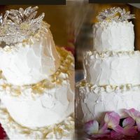 Lemon Crystal Roughly frosted with buttercream and accented with lemon zest curls topped with crystal flowers placed on mirror.