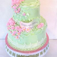 Green & Pink Birthday Buttercream frosting and roses. Printed image inscription on gumpaste banner.