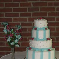 Aqua Pearl Cake is frosted with Buttercream. Stripes and pearls are made of fondant.