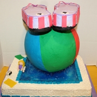 Beach Ball,flip Flops ,pool Beach Ball is styrofoam. Pool is stacked cake and flip flops are carved cake