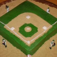 Baseball Field BC icing, white(dyed blue for the team color) and chocolate layers. The "field" is graham crackers. baseballs are fondant and I...